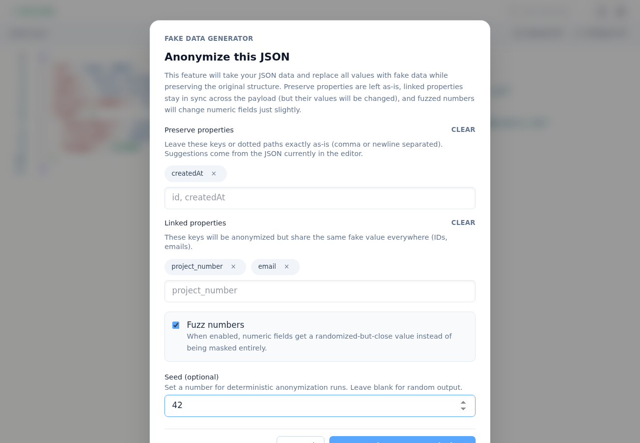 Anonymize modal configured with preserve/linked keys and seed
