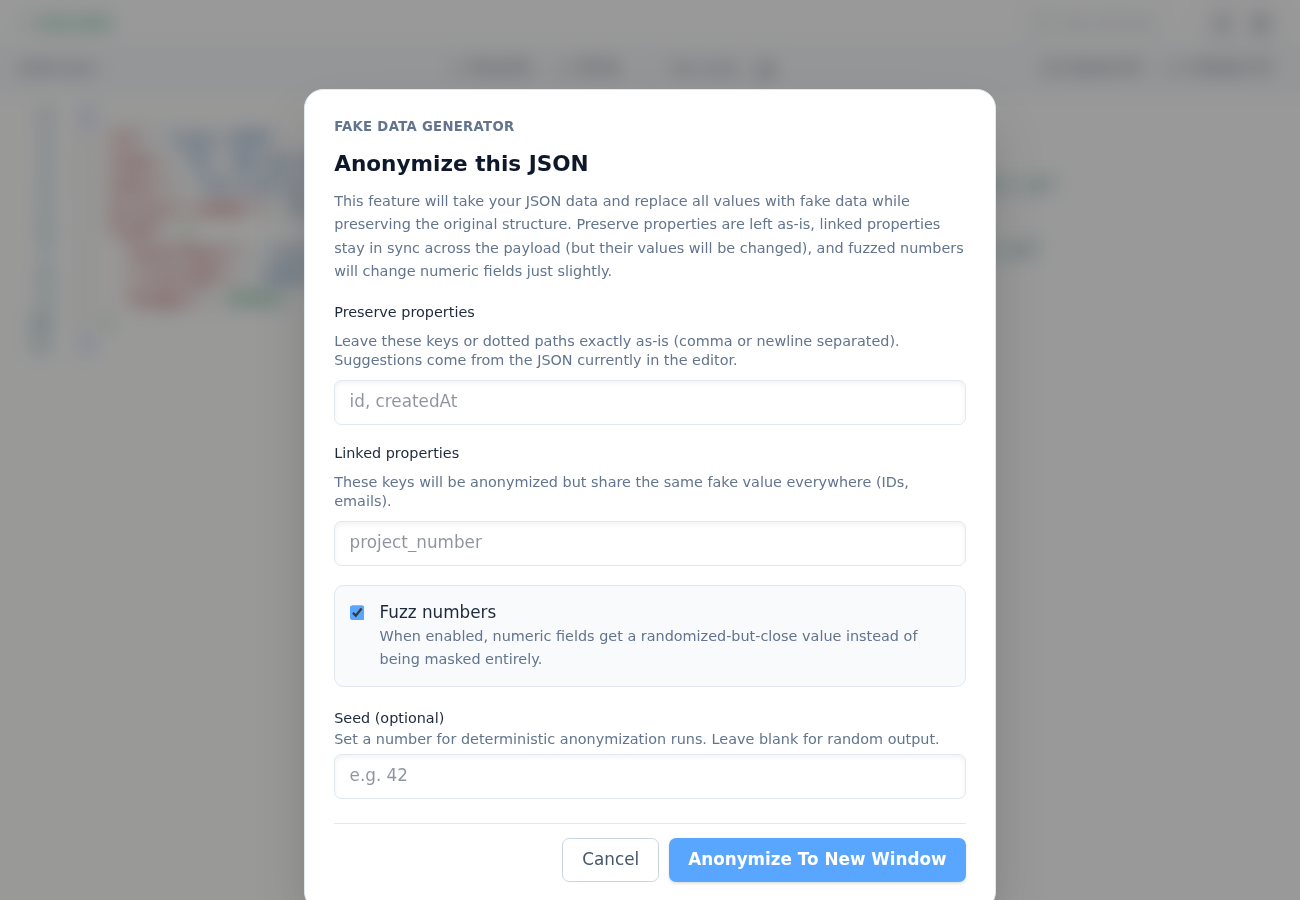 Resulting anonymized payload in a new JSON Toolkit window