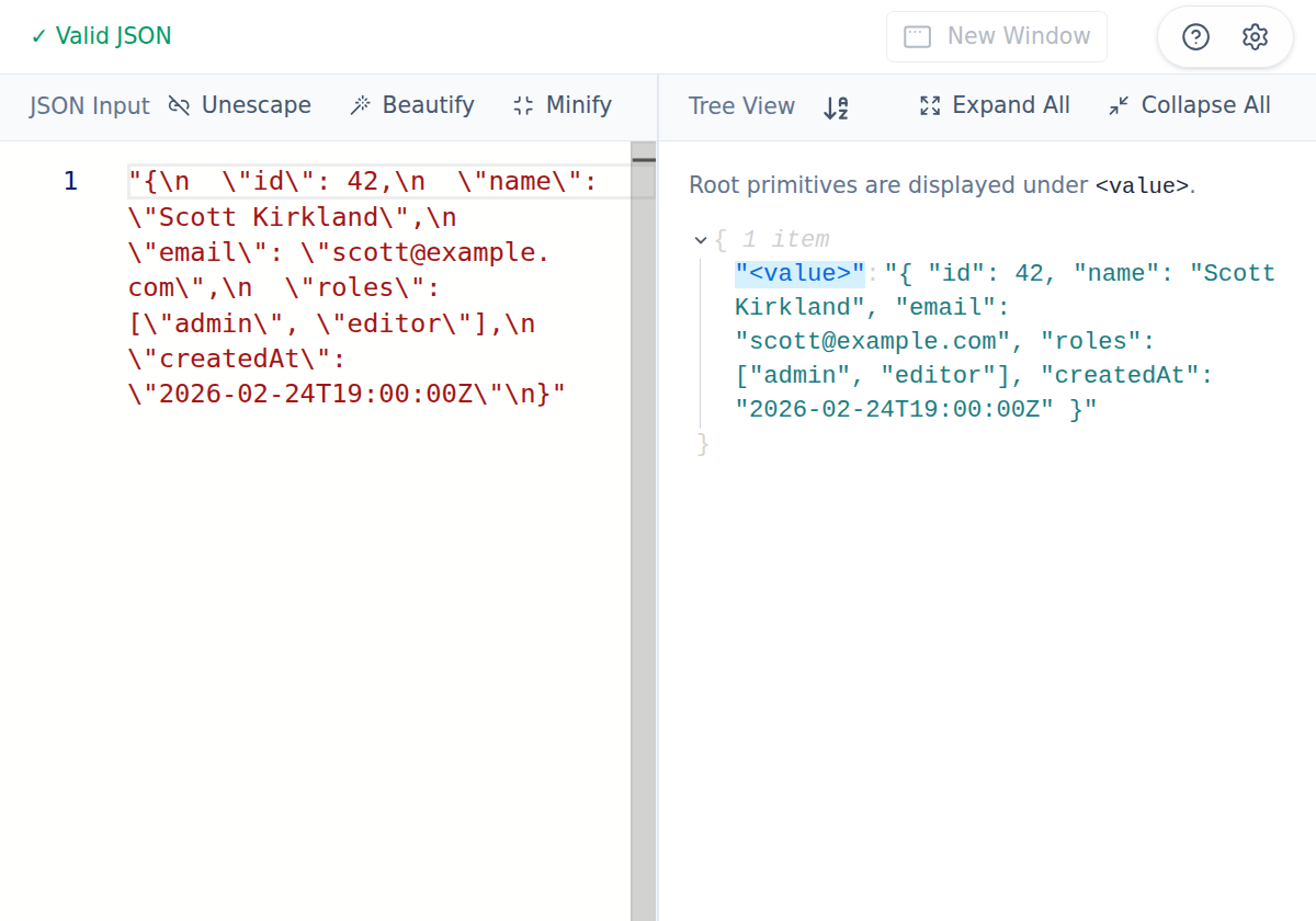 Escaped form of the same JSON payload