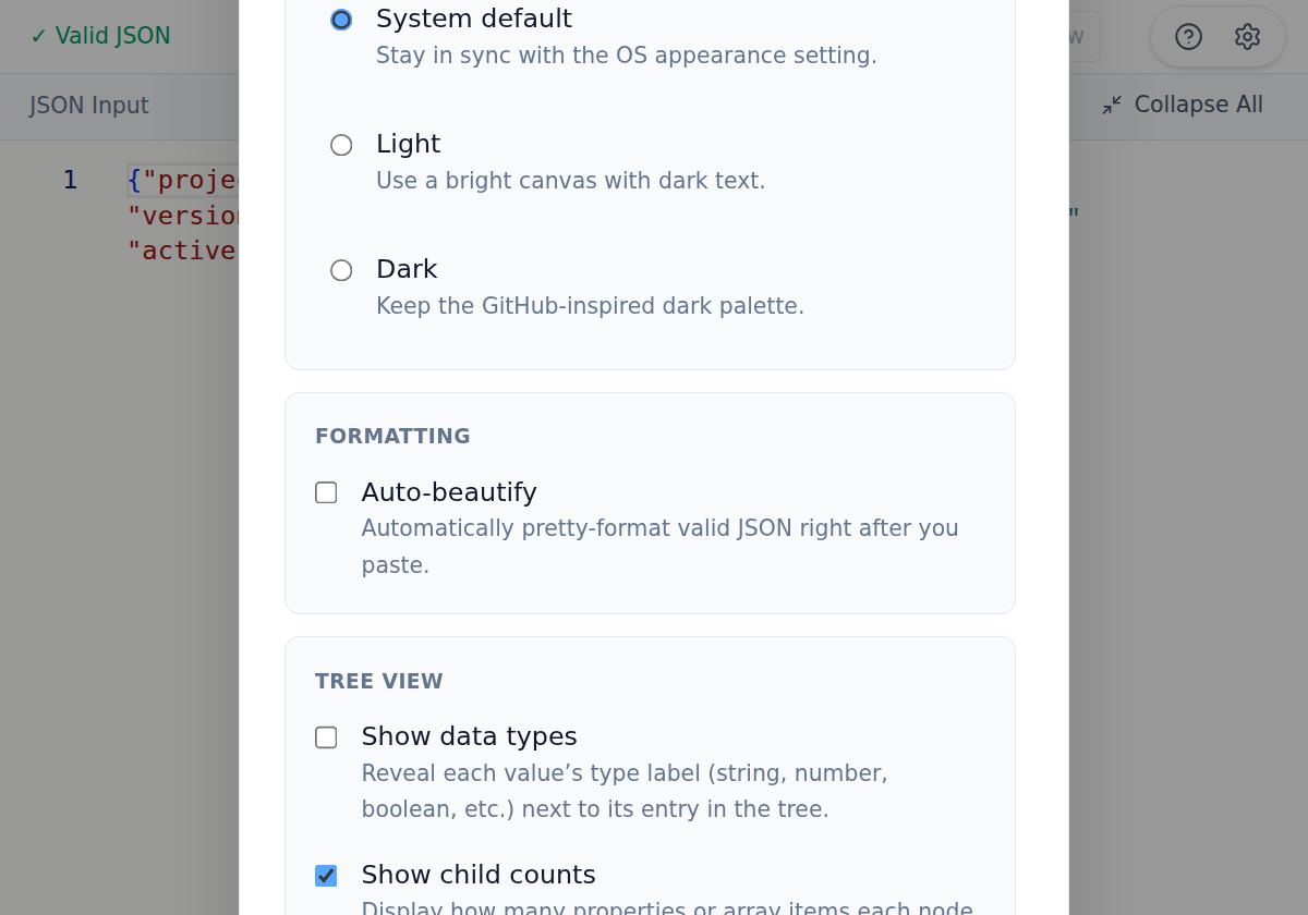 Settings modal showing appearance, formatting, and tree options