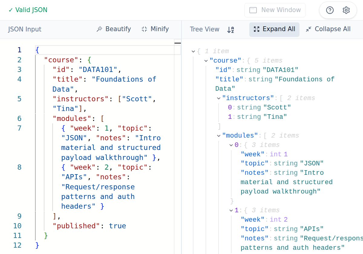 Tree view controls with expanded JSON structure